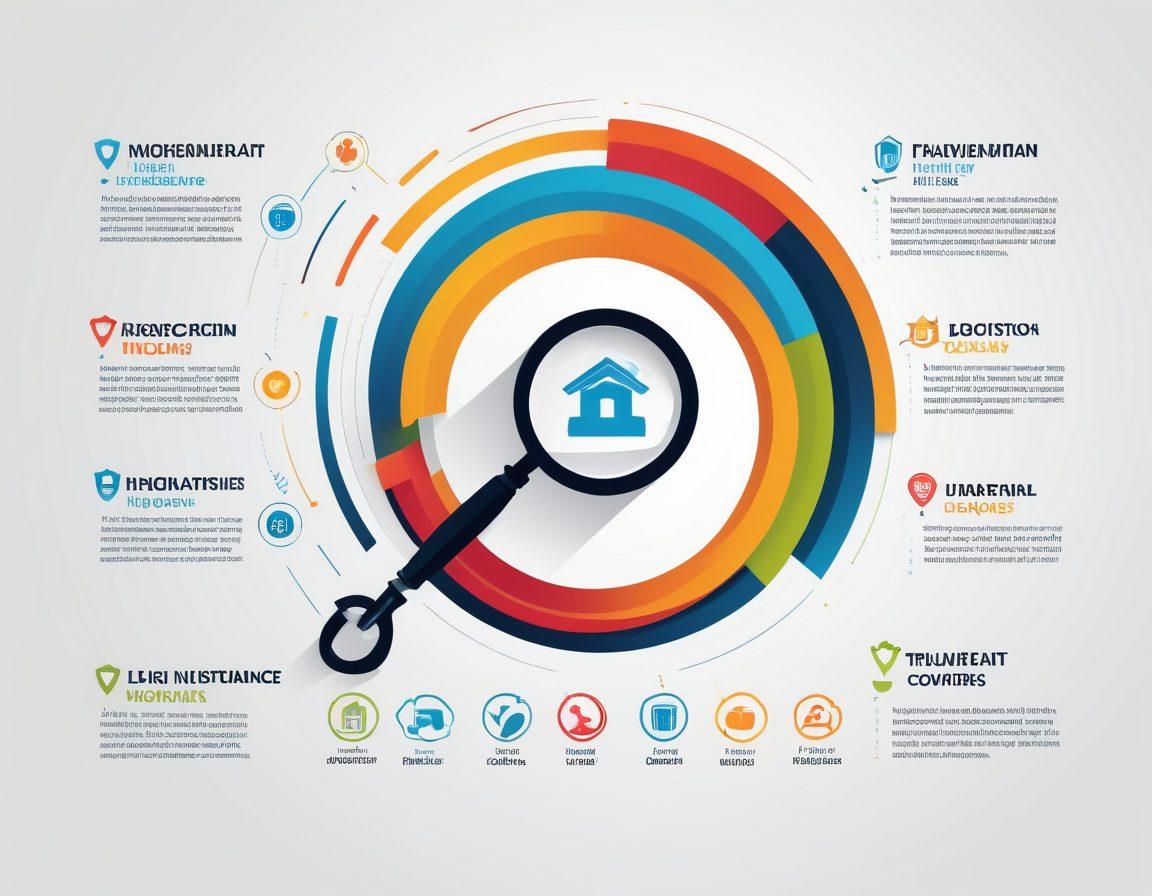 A visually engaging infographic showcasing various insurance options, featuring icons representing health, auto, home, and life coverage. Include a magnifying glass symbolizing 'unlocking' details, complemented by a key unlocking a chest of knowledge. Use a clean layout with arrows pointing to each coverage type, and add vibrant colors to emphasize each section. The background should be soft and minimalistic to enhance readability. vector art. vibrant colors. minimalistic background.