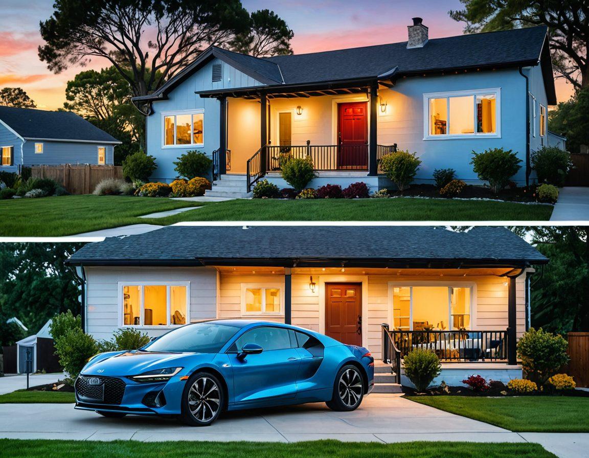 A split image showcasing a cozy home on one side and a sleek car on the other, with protective shields enveloping both. Include a visual depiction of quote comparisons in a stylish infographic format around them, with vibrant colors that highlight security and affordability. The background should feature a serene landscape, symbolizing peace of mind. super-realistic. vibrant colors. infographic style.